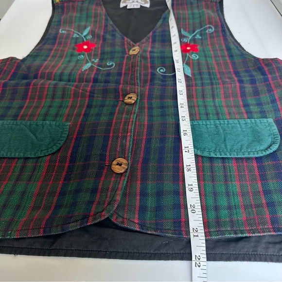 Vintage Plaid Floral Button Up Vest Green Red Blue Flowers Cotton Pockets Small - Picture 3 of 6